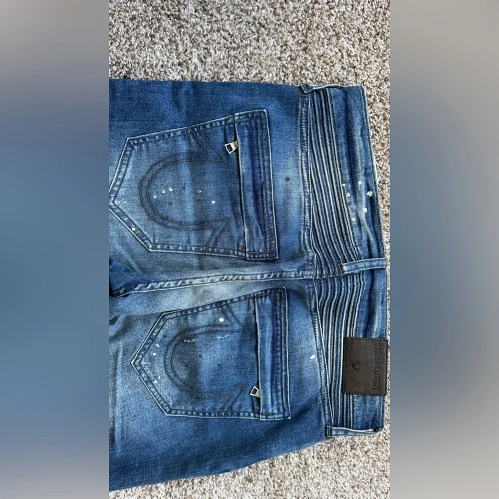 True Religion Distressed Blue Biker Jeans with Paint Splatter